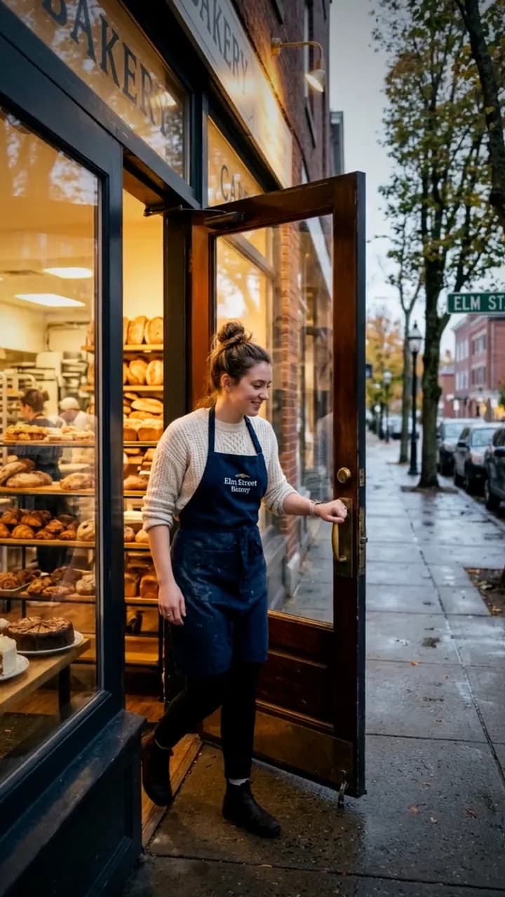 AI image of a baker in an apron opening the bakery's door onto Elm Street