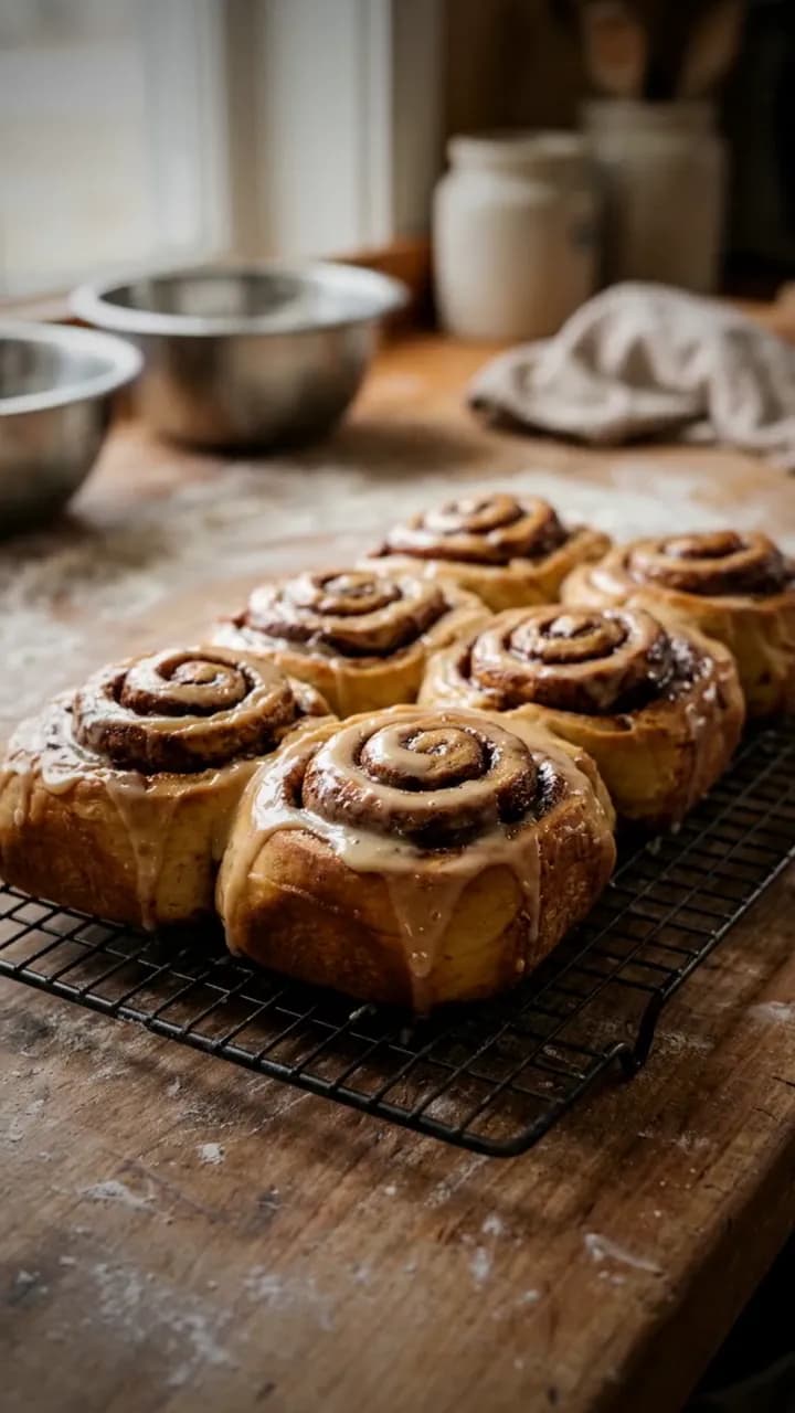 AI image of glazed cinnamon rolls cooling on a wire rack