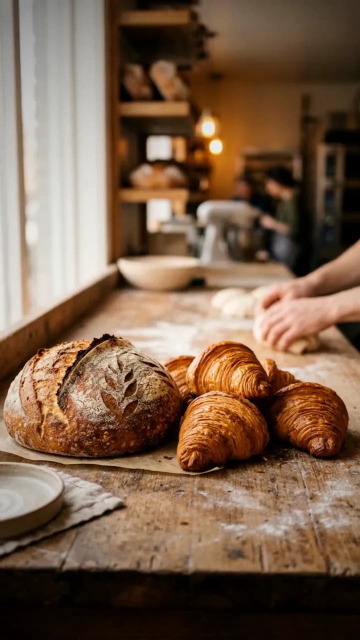 AI image of a sourdough loaf and croissants on a floured wooden bench