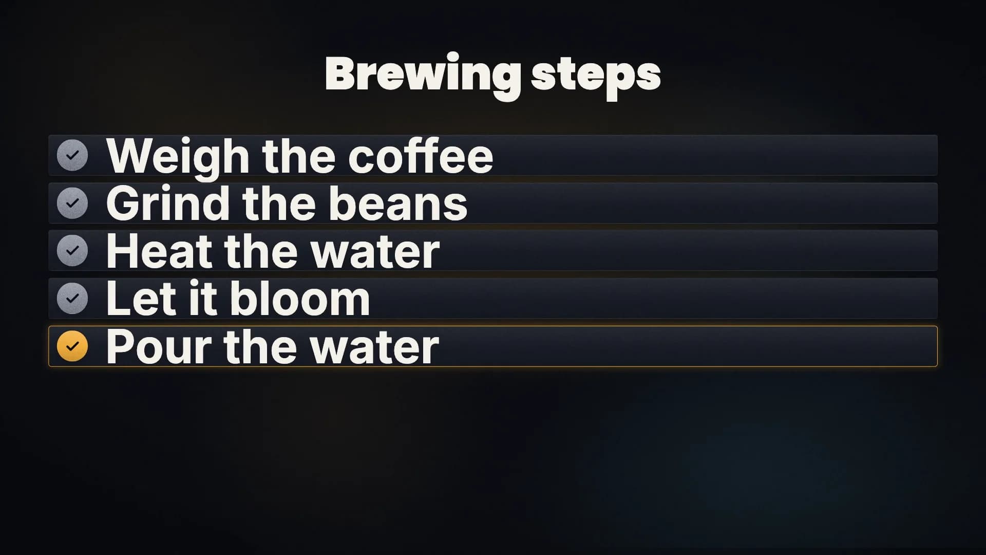 An animated graphic drawn as List: Weigh, grind, heat, bloom, pour. Save this for tomorrow morning.