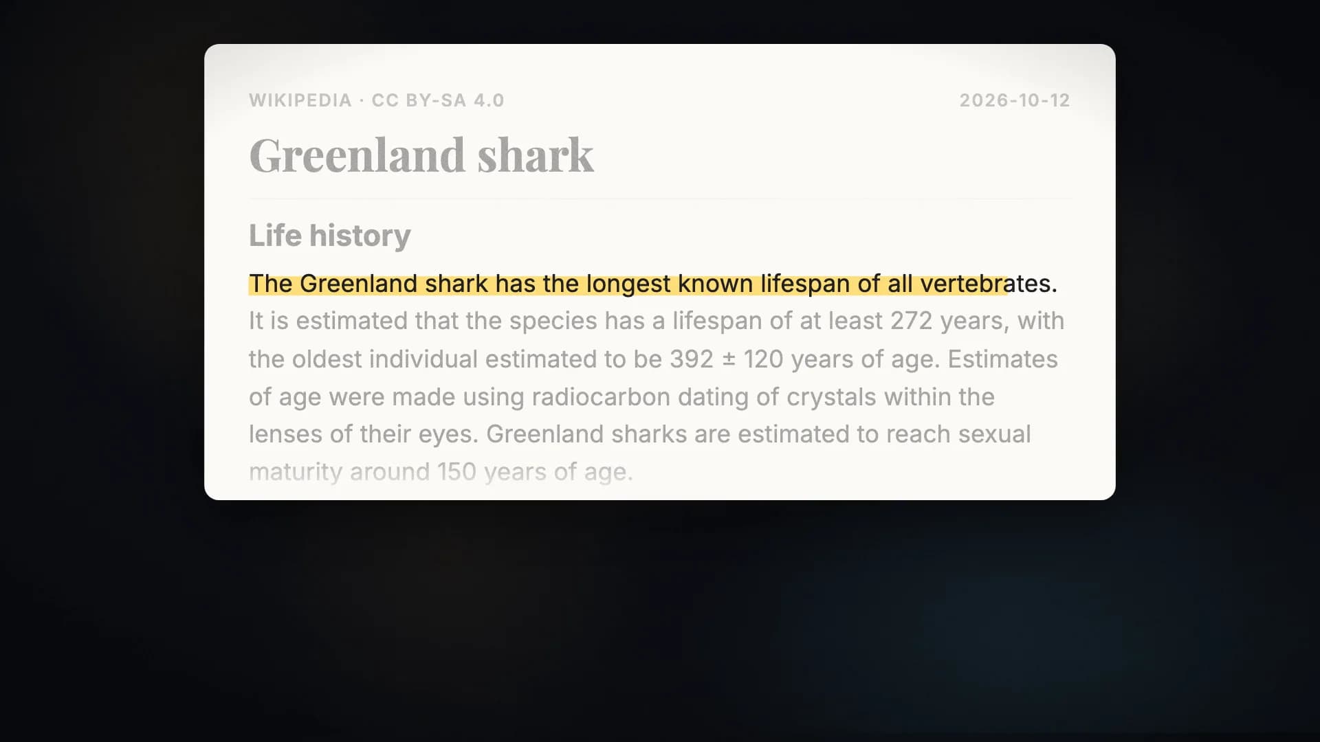 An animated graphic drawn as Article scene: Scientists now say the Greenland shark has the longest known lifespan of all vertebrates, at least two hundred and seventy two years.
