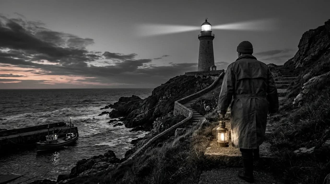 B&W style sample: The keeper and the lighthouse in high-contrast black and white, its beam across the clouds