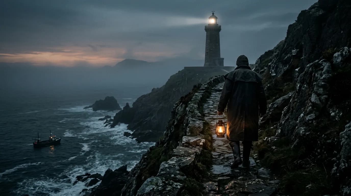 Mysterious style sample: The keeper climbing a rocky path toward a lighthouse in fog under a dark, misty sky