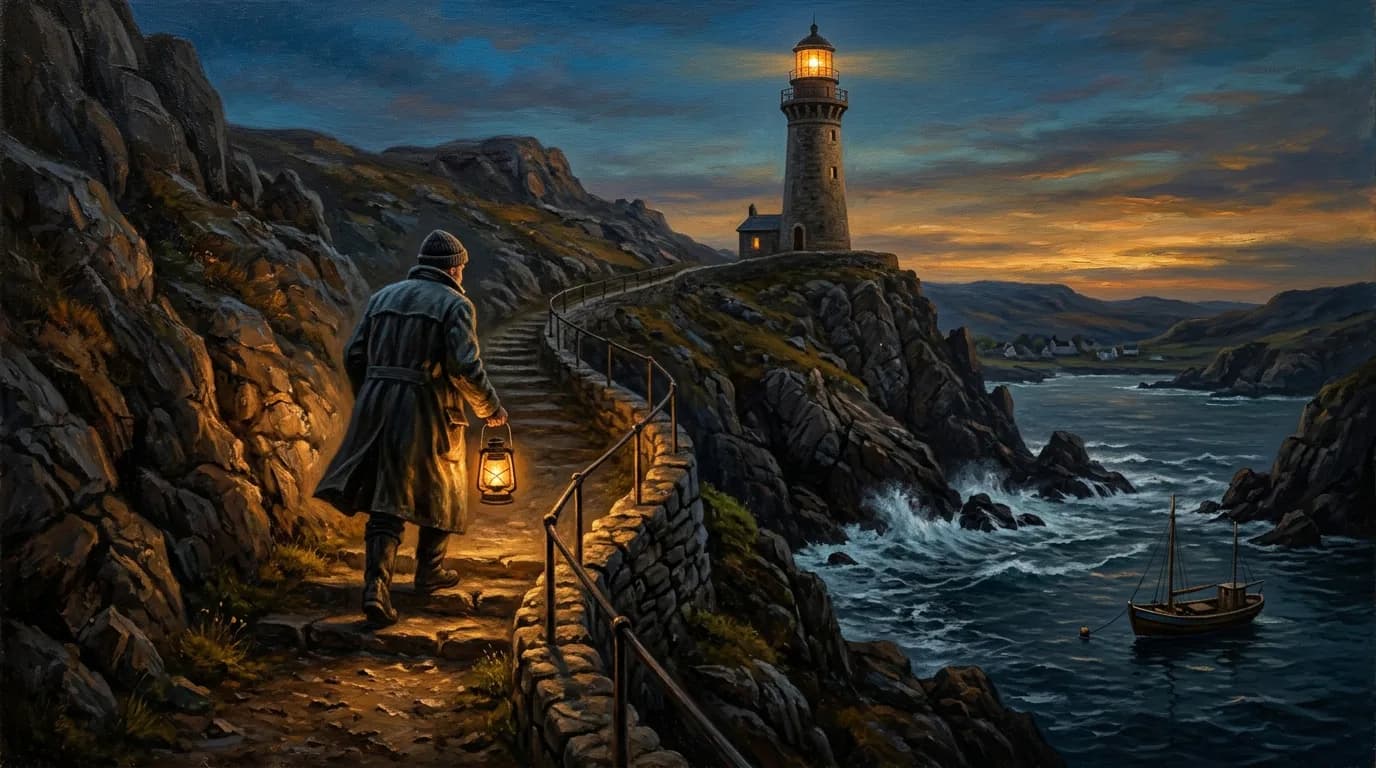 Oil Paint style sample: Oil painting of the keeper on a lantern-lit cliff path, the lighthouse glowing at dusk