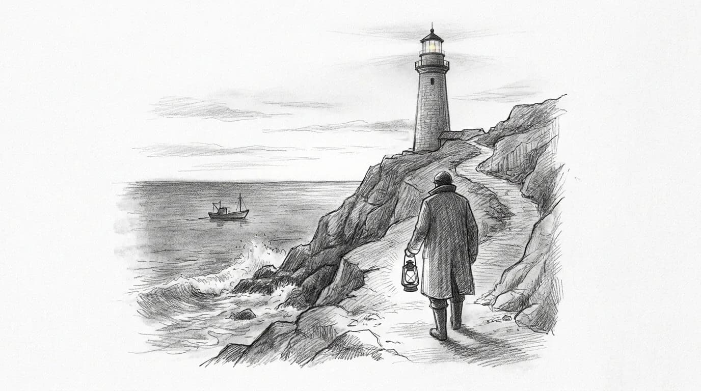 Sketch style sample: Pencil sketch of the keeper with a lantern on the cliff path below the lighthouse