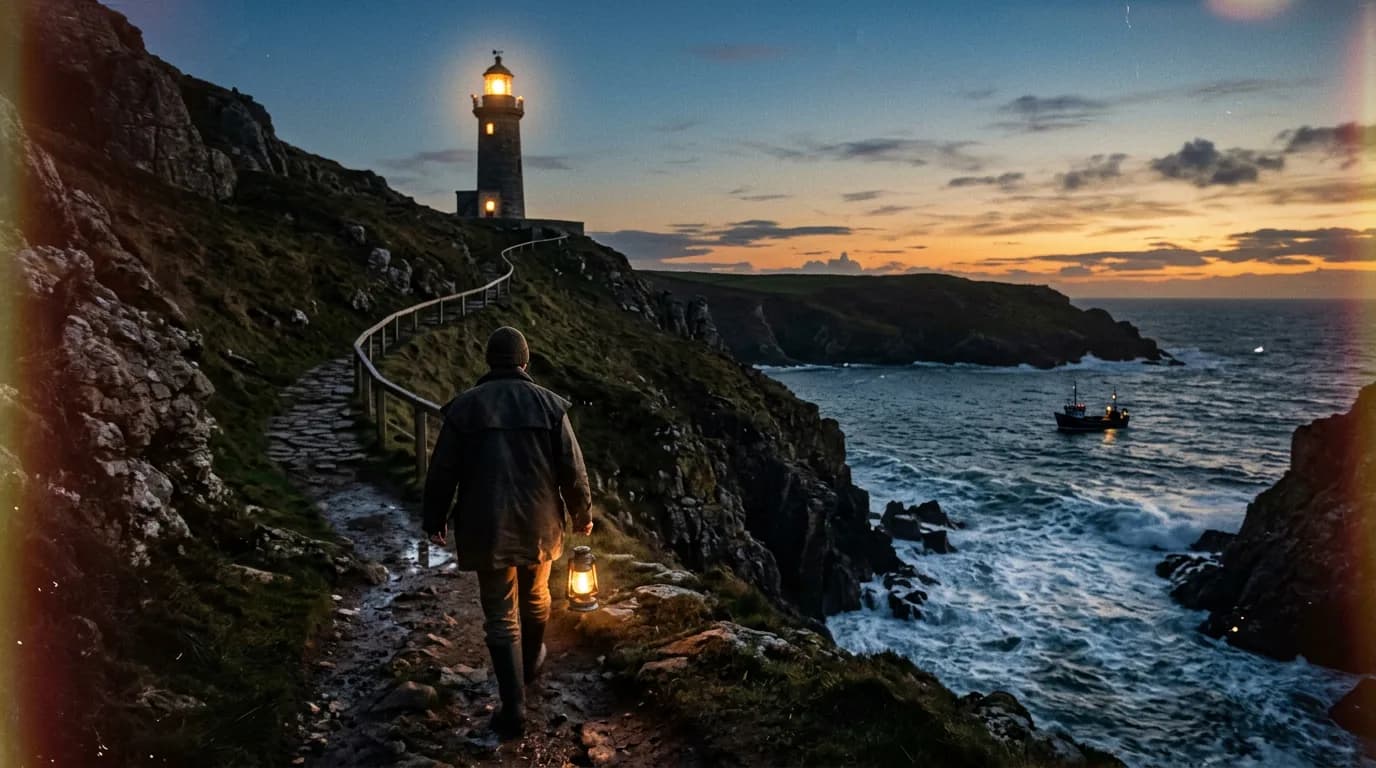Vintage style sample: The keeper on a cliff path at sunset in warm, grainy 1980s film colours