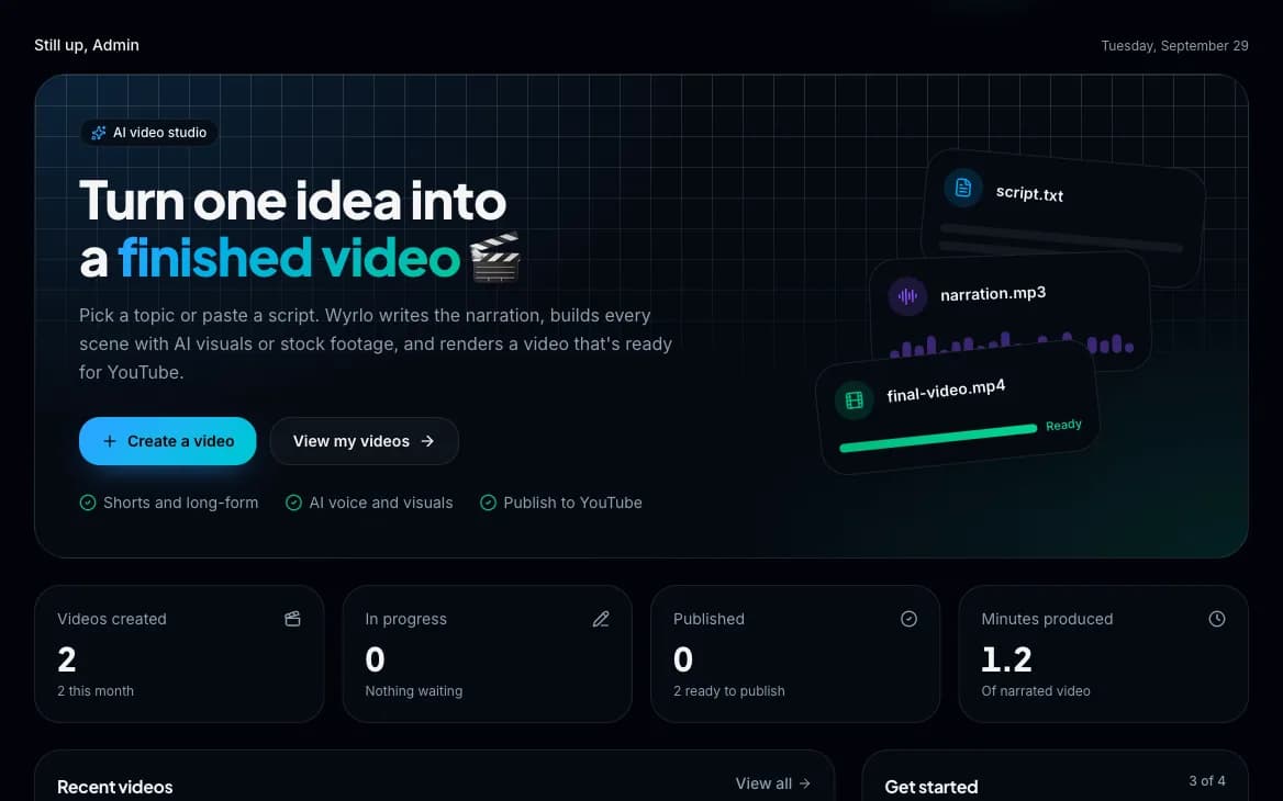 Wyrlo dashboard with a create-a-video panel, counts of videos created, in progress, published and minutes produced, and recent videos