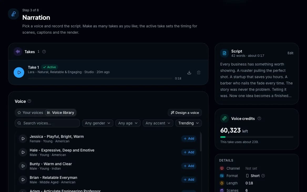 Wyrlo narration page with a recorded take, the chosen AI voice, recently used voices, the Value and Studio qualities and the take’s price