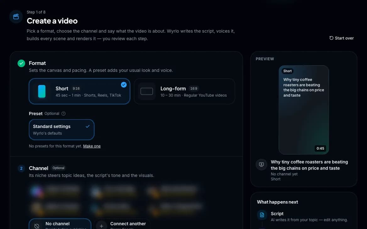 Wyrlo New video page: question 1 of 3, Short or Long-form, an optional preset, and what Wyrlo makes next: the script, the voice, the scenes, the finish and publishing