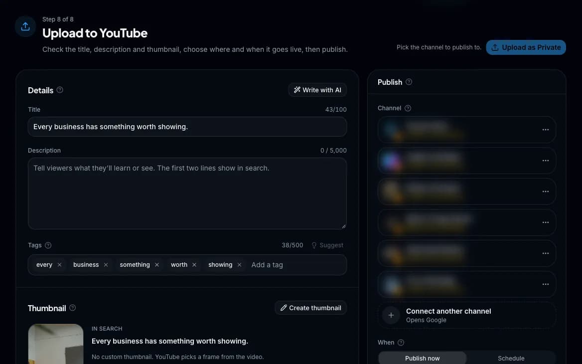 Wyrlo publish page with the title, description and suggested tags, Write with AI, the thumbnail as it appears in search, and YouTube’s channel, timing and visibility