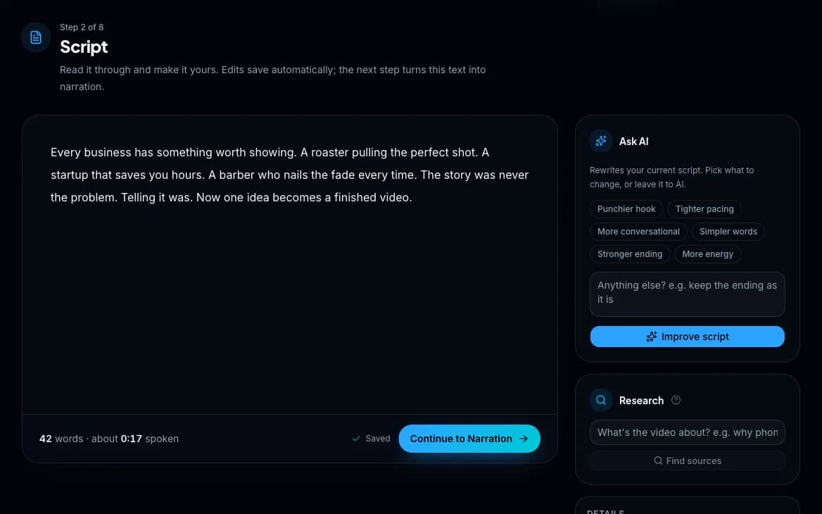 Wyrlo script page with a 55-word script about lightning, its spoken length, the Ask AI rewrites and deep research