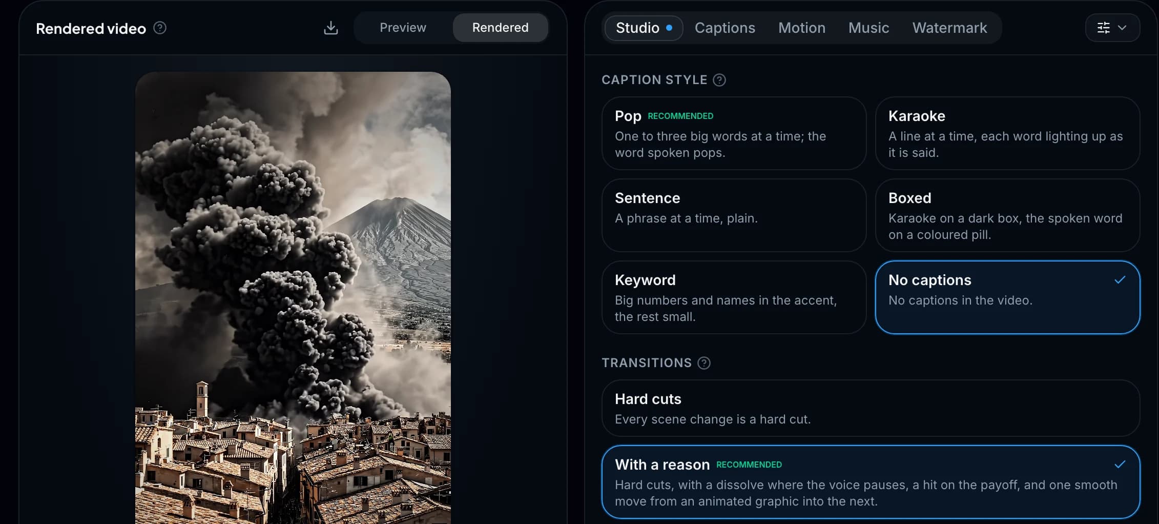 Wyrlo's Finish page: the rendered Short beside the Studio settings, caption styles Pop, Karaoke, Sentence, Boxed, Keyword or none, and transitions