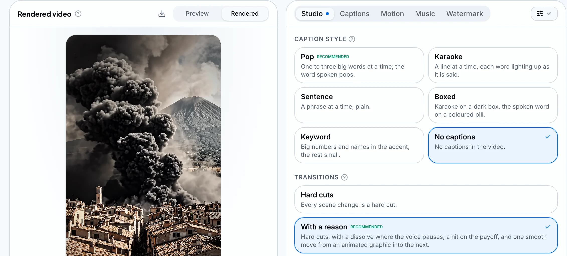 Wyrlo's Finish page: the rendered Short beside the Studio settings, caption styles Pop, Karaoke, Sentence, Boxed, Keyword or none, and transitions