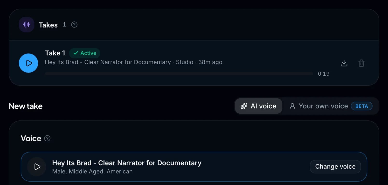 Wyrlo's Narration page: Take 1, active, in a documentary narrator's voice at Studio quality, and a new take with an AI voice or your own