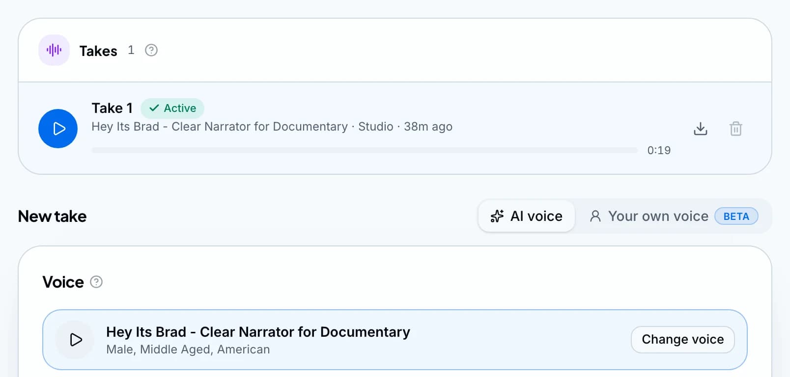 Wyrlo's Narration page: Take 1, active, in a documentary narrator's voice at Studio quality, and a new take with an AI voice or your own