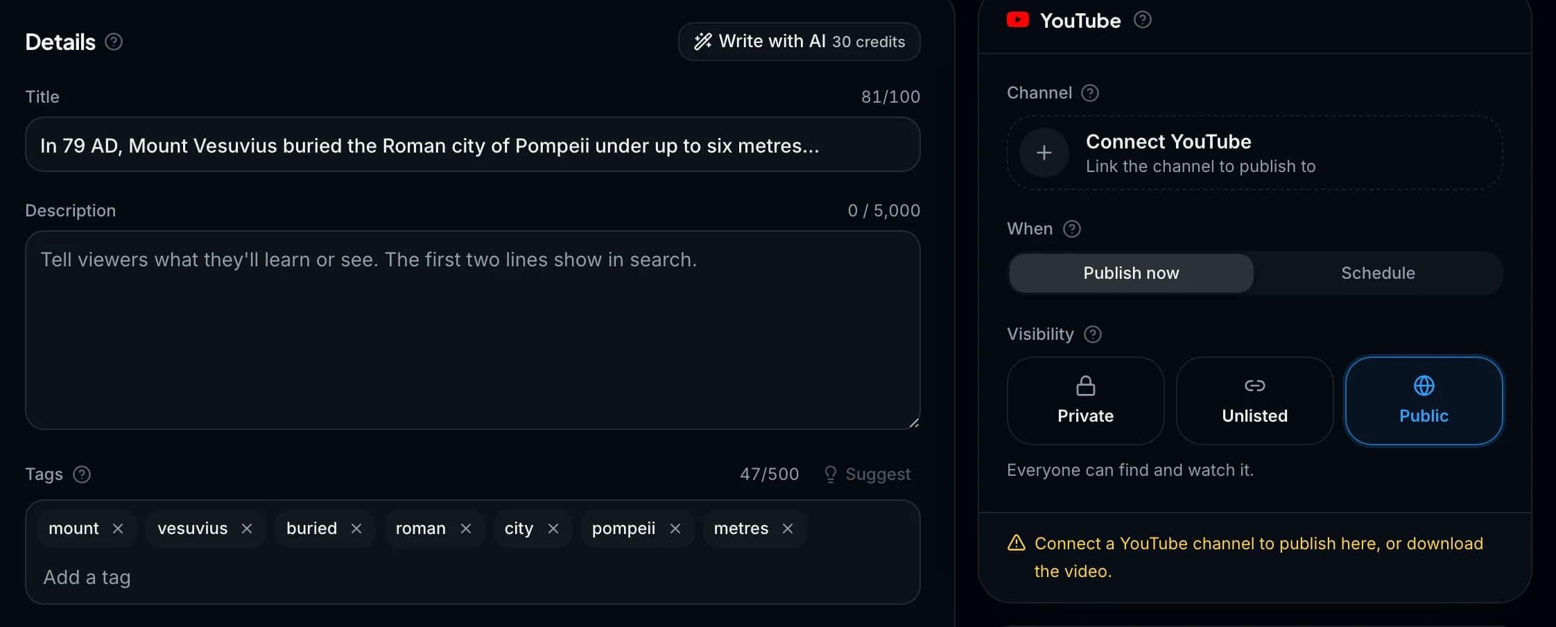 Wyrlo's Publish page: the title, description and tags written for the video, and YouTube's channel, schedule and visibility