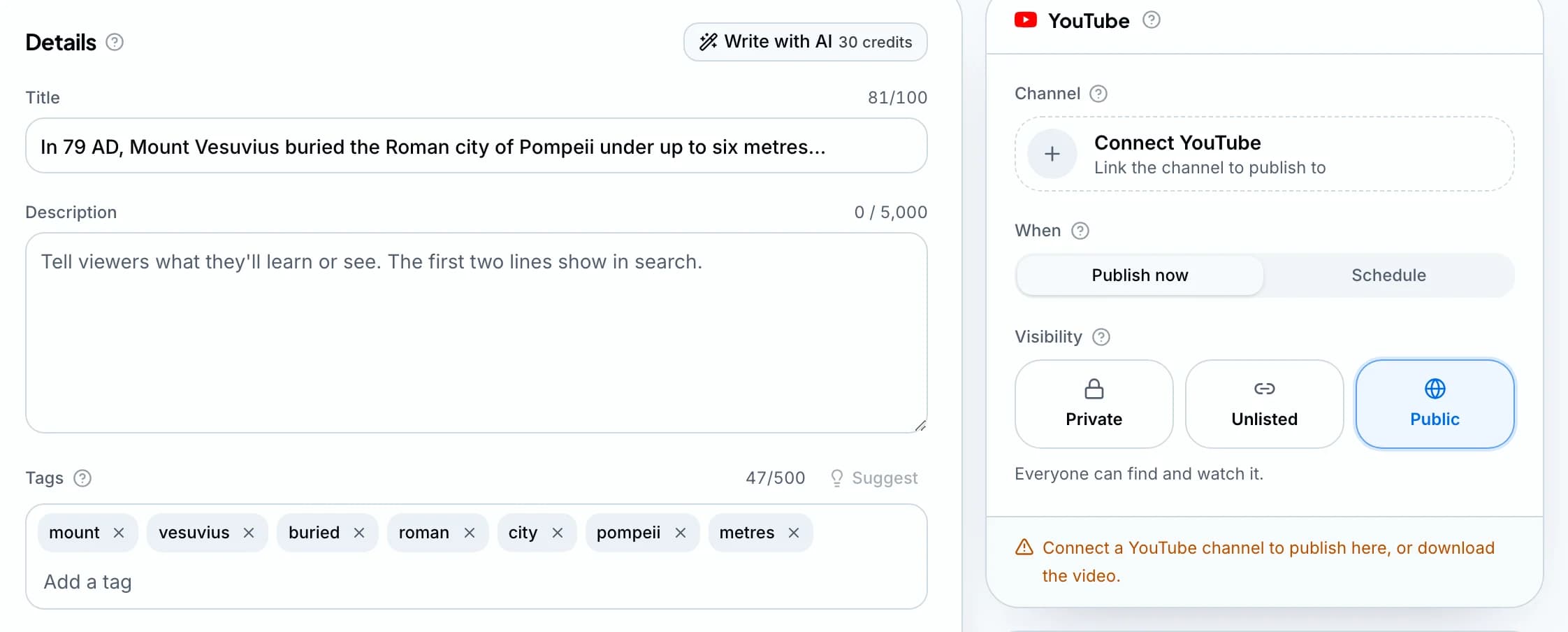 Wyrlo's Publish page: the title, description and tags written for the video, and YouTube's channel, schedule and visibility