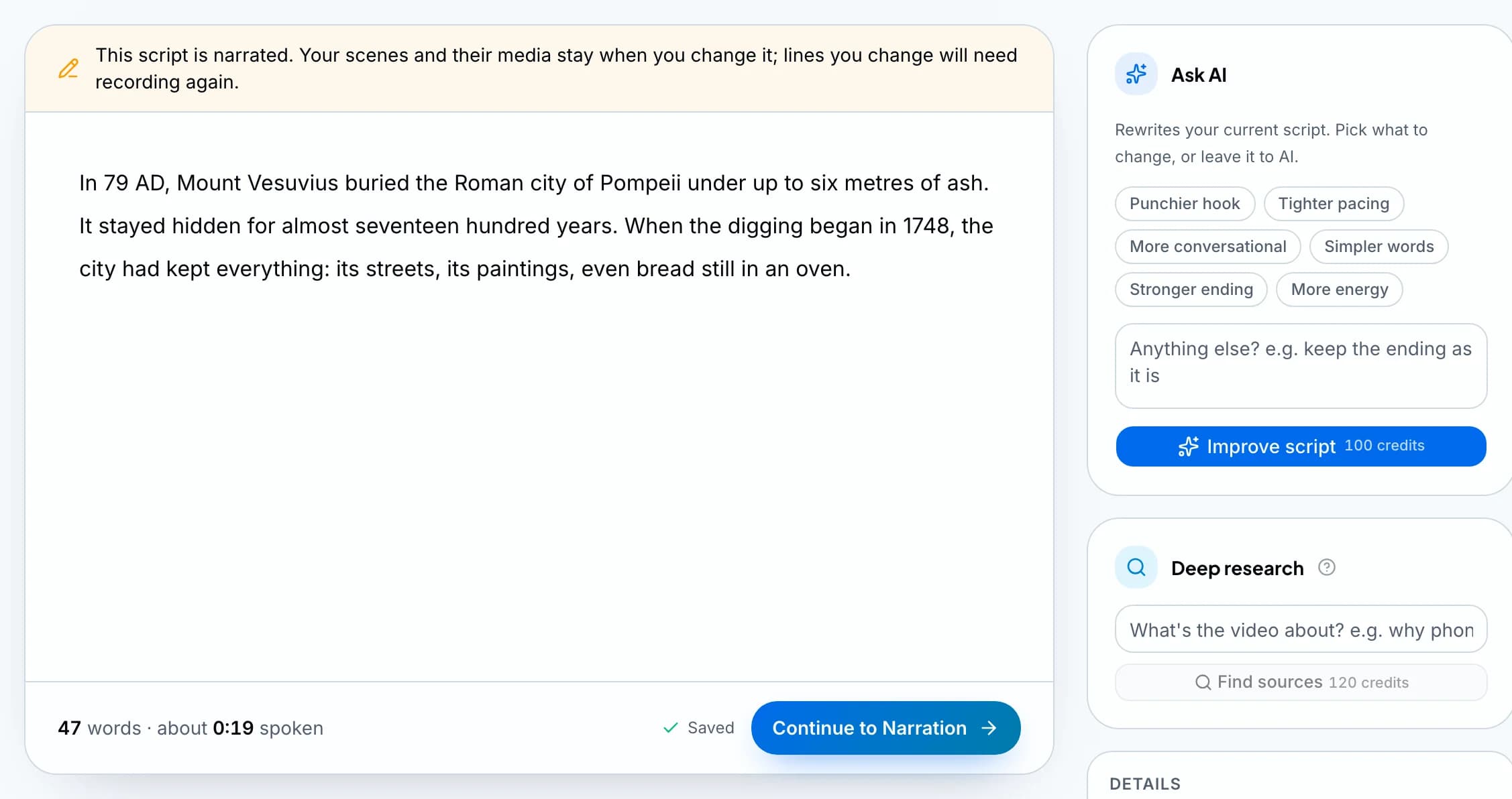Wyrlo's Script page with a 47-word script about Pompeii, and Ask AI's rewrites: punchier hook, tighter pacing, stronger ending