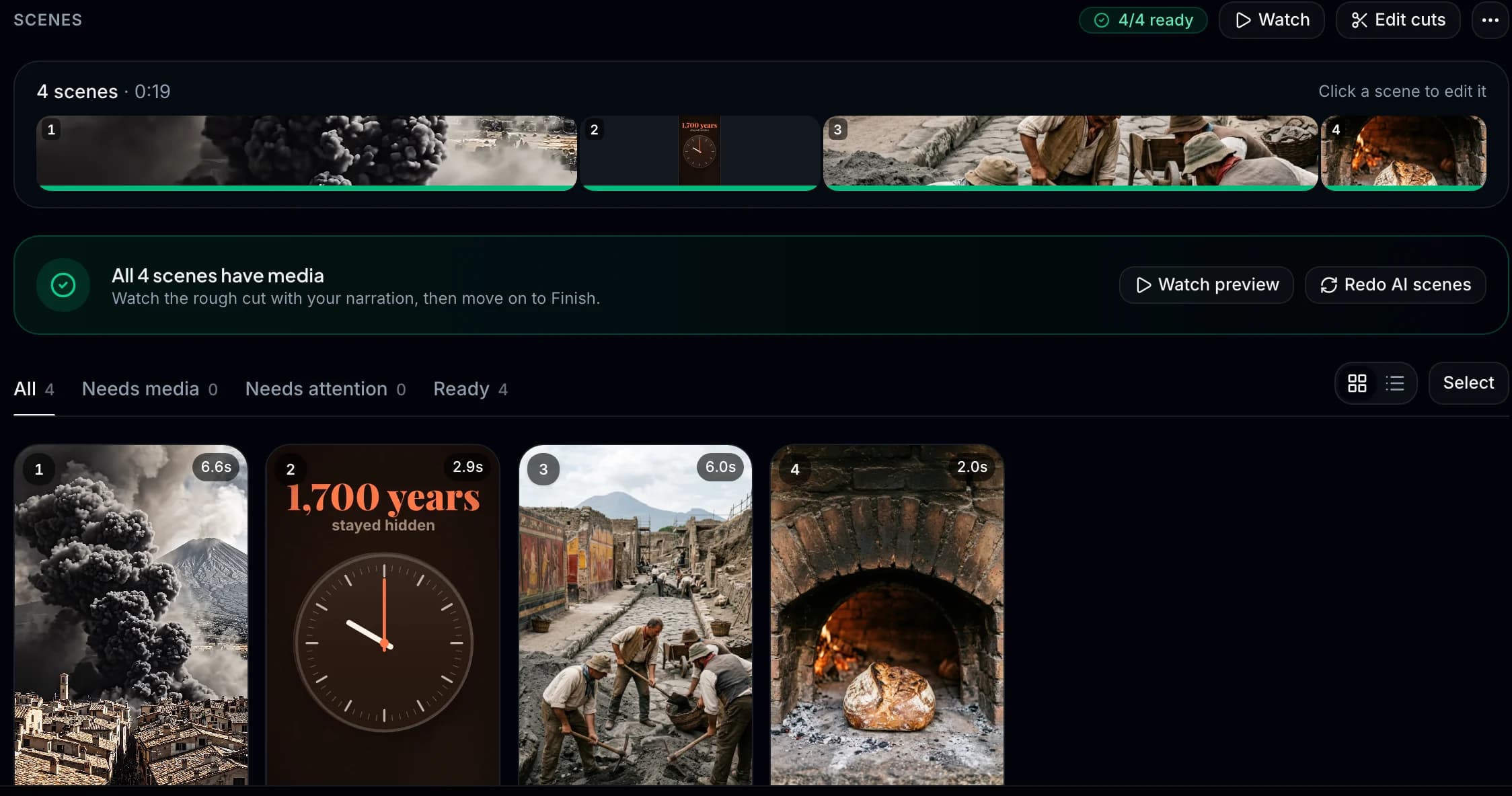 Wyrlo's Storyboard for a 19-second Short: four scenes, all ready, as a strip and as cards: Vesuvius erupting, a clock counting 1,700 years, the dig, bread in an oven