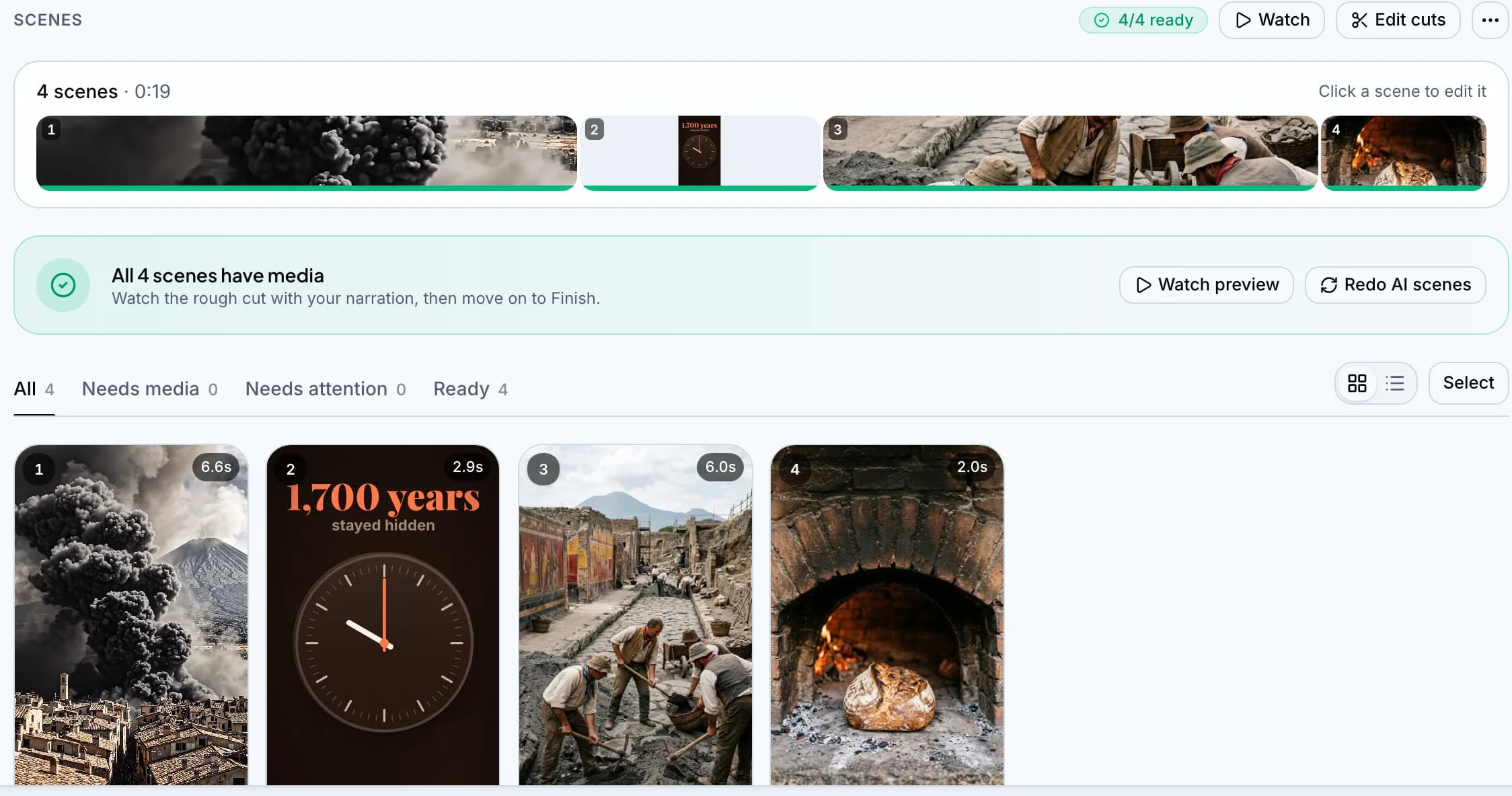 Wyrlo's Storyboard for a 19-second Short: four scenes, all ready, as a strip and as cards: Vesuvius erupting, a clock counting 1,700 years, the dig, bread in an oven