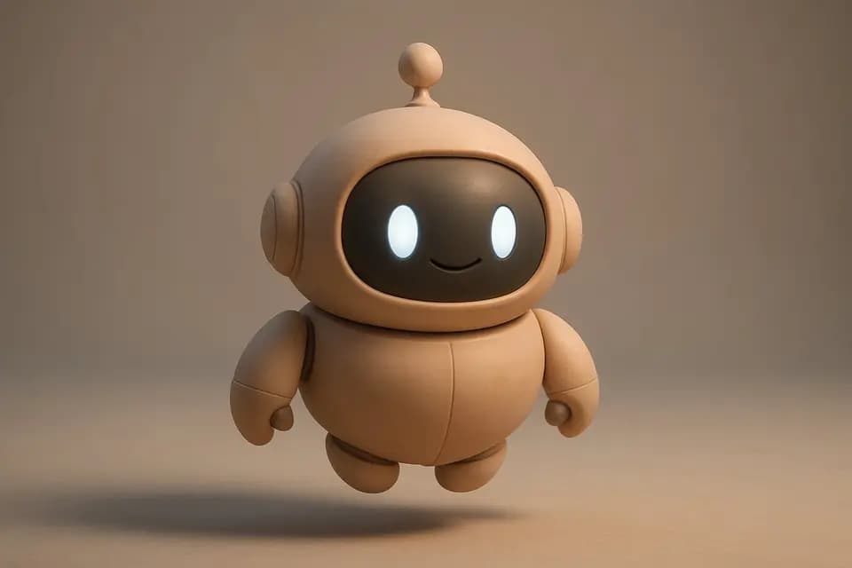 3D Render style sample: A small smiling 3D robot floating on a beige background