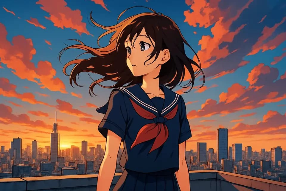 Anime style sample: Anime girl in a school uniform on a rooftop at sunset over a city skyline