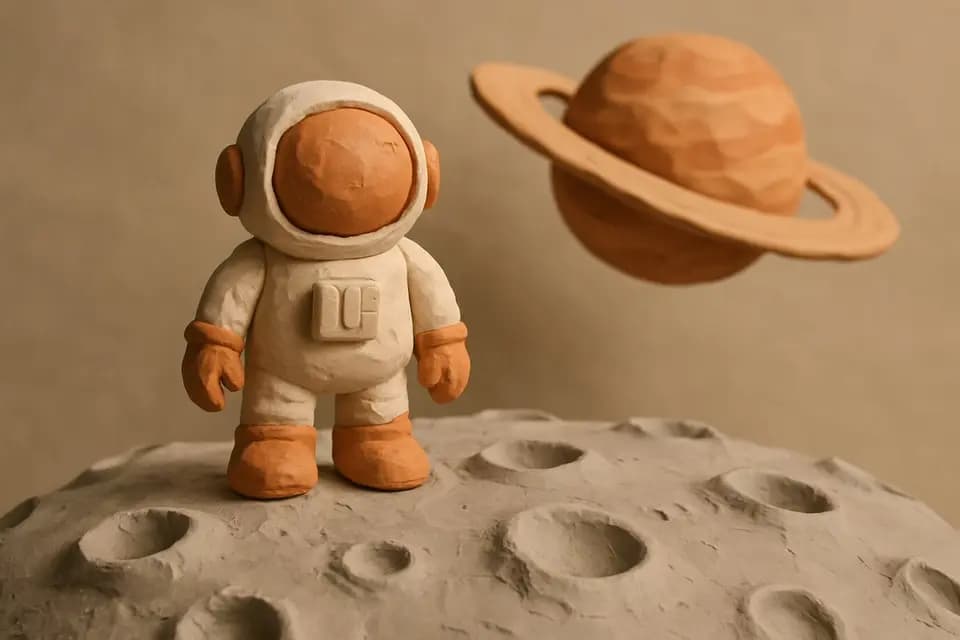 Claymation style sample: A clay astronaut standing on a cratered moon with a clay planet behind