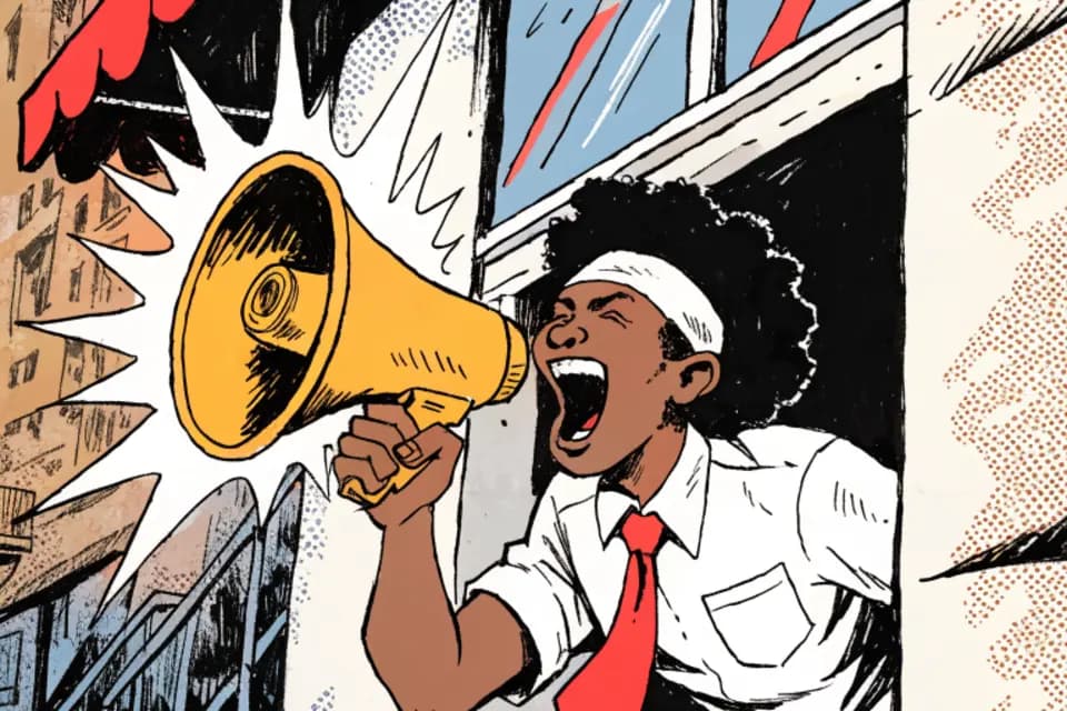 Comic style sample: Comic-book drawing of a shop owner shouting into a megaphone, with ink lines and halftone dots