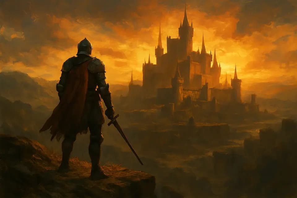 Fantasy Art style sample: A caped knight looking toward a castle under a golden sky