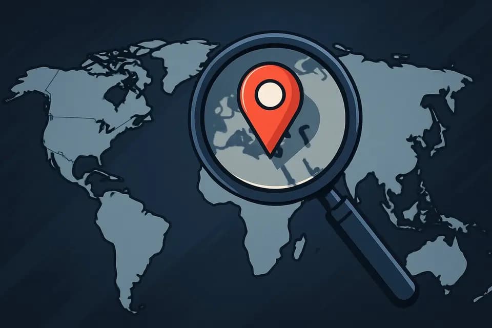 Explainer style sample: Flat explainer illustration of a world map with a magnifying glass and location pin