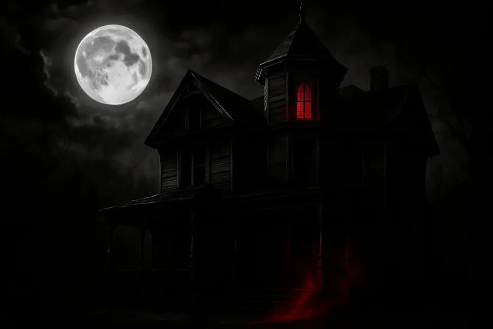 Horror style sample: A dark house under a full moon with one red-lit window