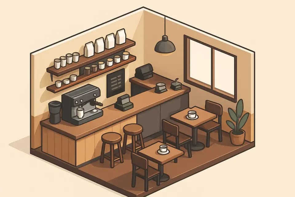 Isometric style sample: Isometric cutaway of a small coffee shop