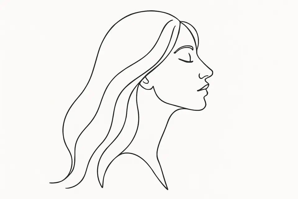 Line Art style sample: Single-line drawing of a woman's profile with long hair