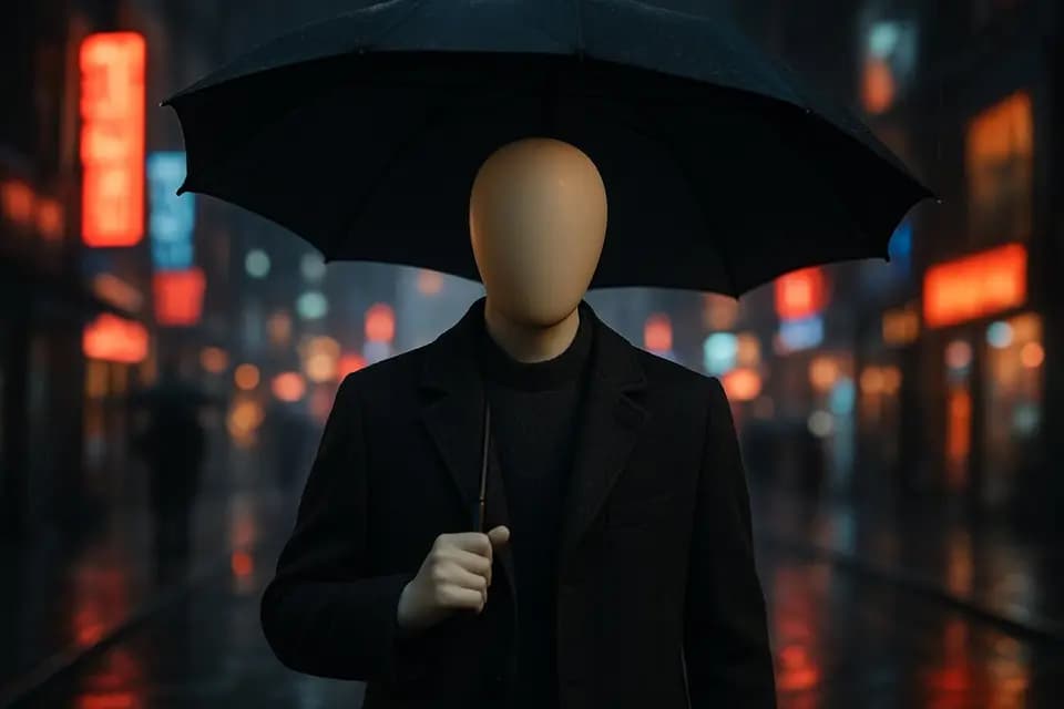 Mannequin style sample: A faceless mannequin figure holding an umbrella on a neon-lit rainy street