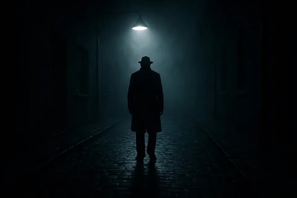 Mysterious style sample: A lone figure in a hat under a single streetlight in a foggy alley