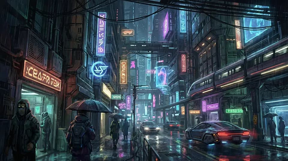 Cyberpunk style sample: Rainy neon cyberpunk street with signs, pedestrians and a sports car