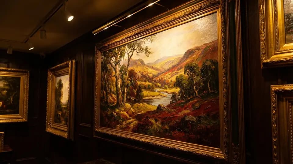 Oil Paint style sample: Gilded landscape oil paintings hanging in a dim gallery