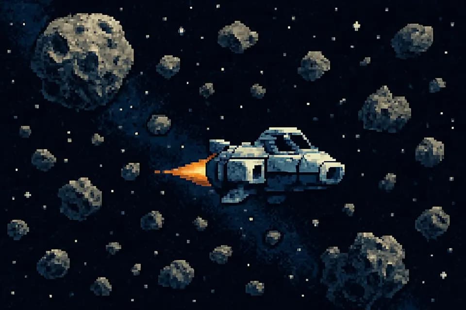 Pixel Art style sample: Pixel art spaceship flying through an asteroid field