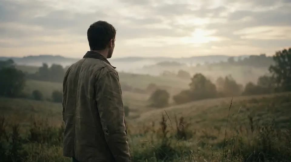 Realistic style sample: A man in a jacket looking over misty green hills at sunrise, photorealistic