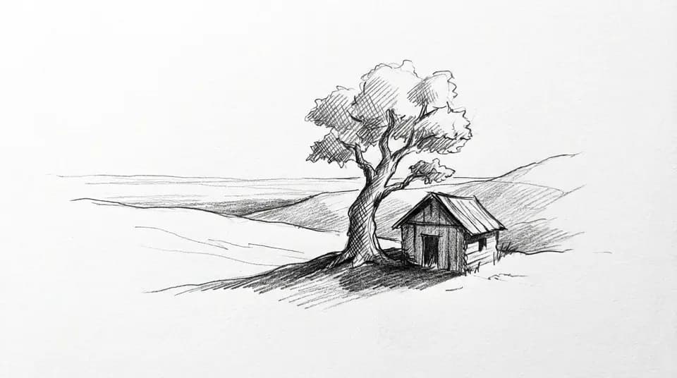Sketch style sample: Pencil sketch of a tree beside a small cabin