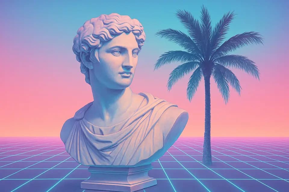 Vaporwave style sample: Classical marble bust beside a palm tree on a pink and blue grid