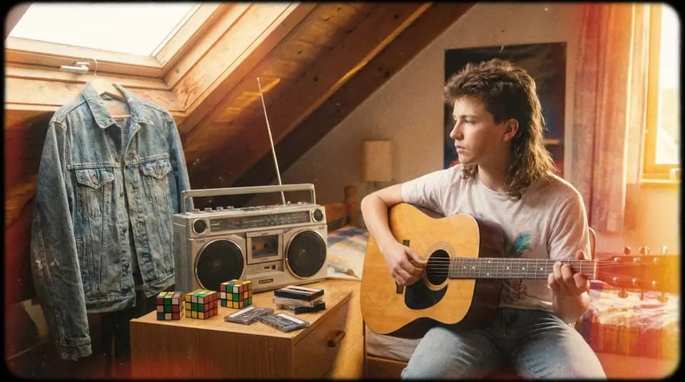 Vintage style sample: A teenager playing guitar in a sunlit 1980s attic bedroom, film grain