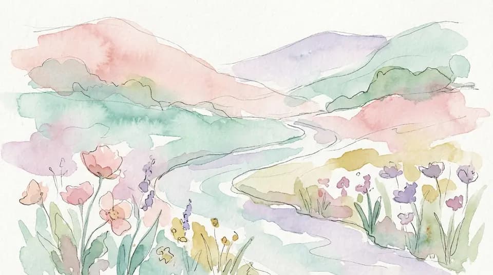 Watercolor style sample: Soft watercolor of rolling hills and wildflowers