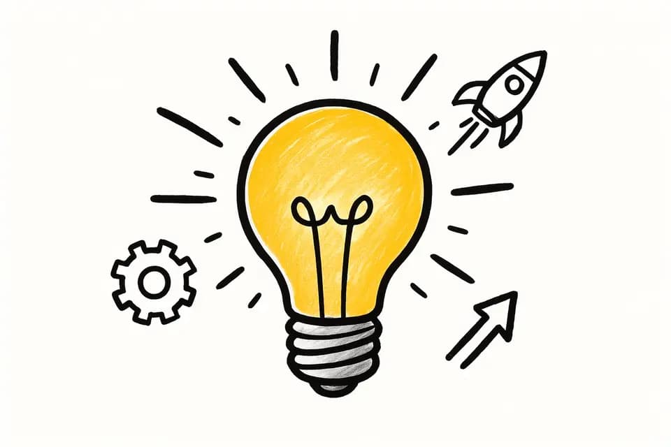 Whiteboard style sample: Whiteboard doodle of a light bulb with a gear, rocket and arrow